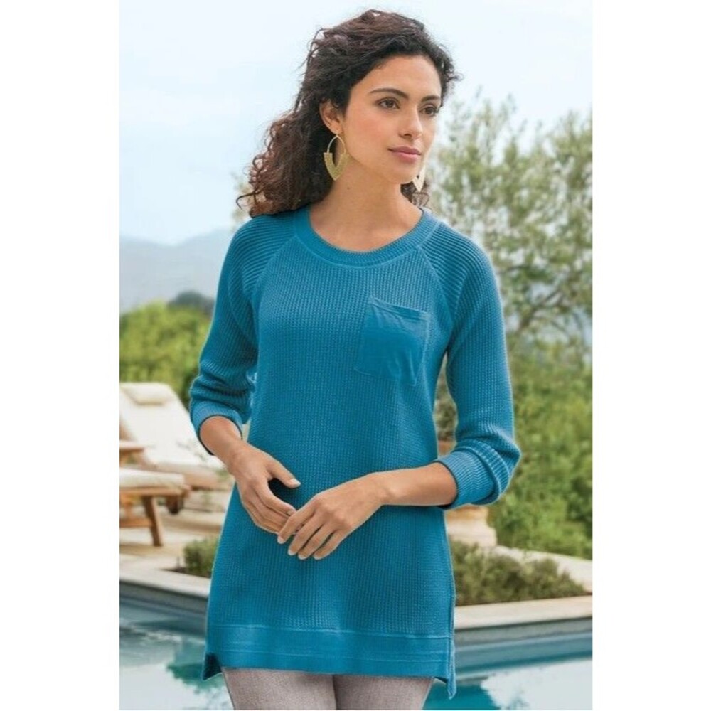 SOFT SURROUNDINGS Blue Waffle Knit Long Sleeve Scoop Neck Tunic Top - L